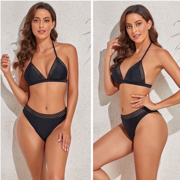 Other - Solid Black Openwork Halter Neck Bikini Set